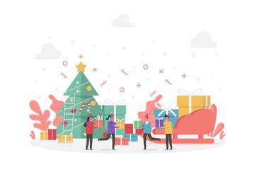 concept of new year celebration and Merry Christmas with large gifts, pine tree, sleigh and tiny people, flat vector illustration for web, landing page, ui, banner, editorial, mobile app and flyer.