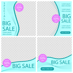 Social media post for a big sale online shop. Template design for promotion, special offer and discount. Advertising banner or flyer with wave, line and frame. Vector concept with space to add photo.