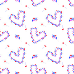 Seamless pattern heart-shaped frame made of blue and pink flowers. Isolated stock vector on white background, For wrapping paper, scrap booking and printed matter,  invitation, greeting cards.