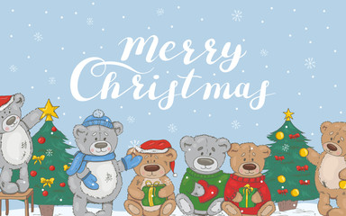 Merry Christmas. Banner with teddy bears and snowfall