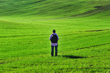 Fototapeta premium man in the field. picturesque clouds over a hilly field