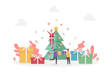 concept of new year celebration and Merry Christmas with large gifts, pine tree, Santa and tiny people, flat vector illustration for web, landing page, ui, banner, editorial, mobile app and flyer.