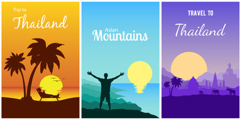 Travel to Bangkok, Thailand and Asia. Mountain, sunset, beach, sea, landscape and silhouettes of architectural landmarks, man lying in a sun lounger and tourist standing with open arms. Vector cards.