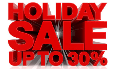 HOLIDAY SALE UP TO 30 % word on white background 3d rendering