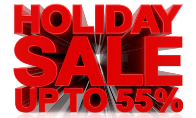 HOLIDAY SALE UP TO 55 % word on white background 3d rendering