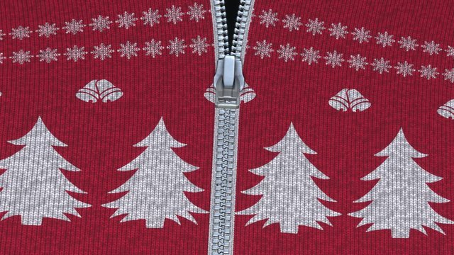 Closing and opening zipper on Christmas sweater with trees. Animation with alpha channel included.
