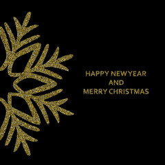 Merry Christmas and Happy New Year greeting poster with glittering snowflake half view, sparkling gold element on golden background raster banner. eps 10