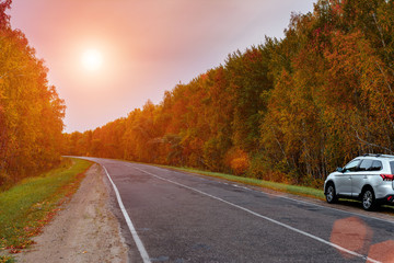Suv car standing on the roadside surrounded by autumn forest.