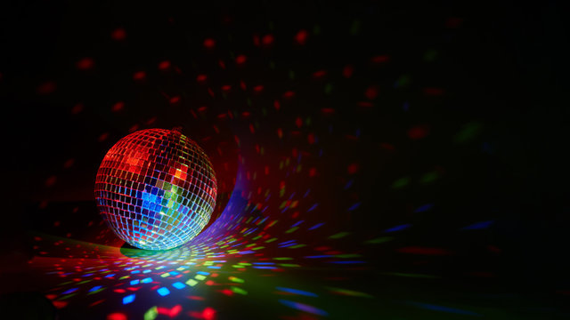 Glittering mirror disco ball. Nightclub. For advertising or web design. Entertainment, disco or music show background