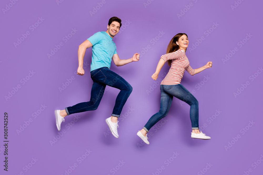 Poster full body profile photo of crazy funky two people guy lady jumping high rushing season sales black f