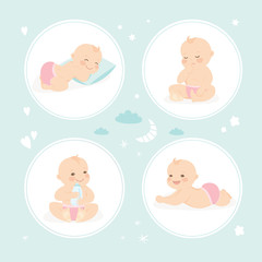 Set of cute infant babies. Cartoon newborn baby in various poses.