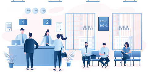Modern bank office interior.Business people waiting line queue. Bank managers and customers characters