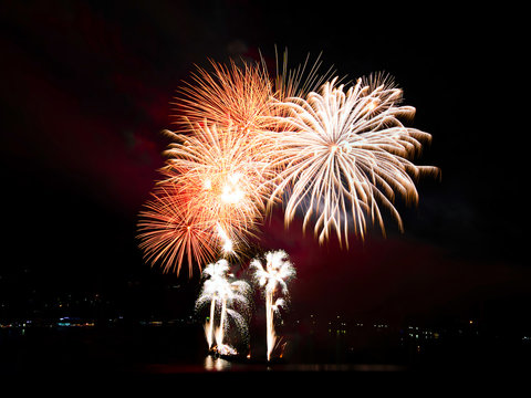 Colorful firework display at the International Fireworks Festival 2019 at Pattaya City, Thailand .