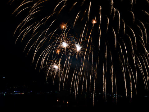 Colorful firework display at the International Fireworks Festival 2019 at Pattaya City, Thailand .