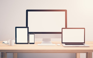 computer, laptop, smartphone, tablet on workspace mockup design illustration 3D rendering