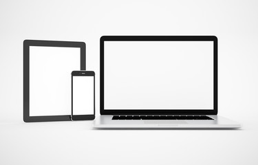 Computer, laptop, tablet, smartphone, display. on white background workspace mock up design illustration 3D rendering