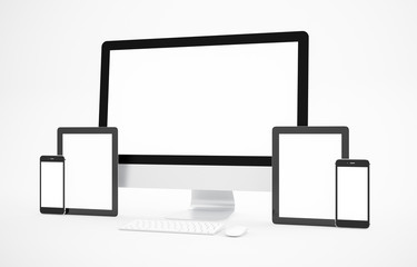 Computer, laptop, tablet, smartphone, display. on white background workspace mock up design illustration 3D rendering