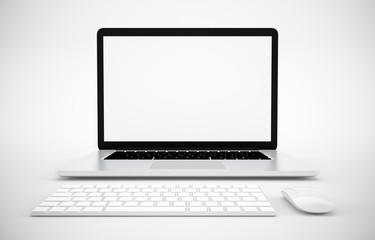 Fototapeta premium Computer, laptop, keyboard, mouse, display. on white background workspace mock up design illustration 3D rendering