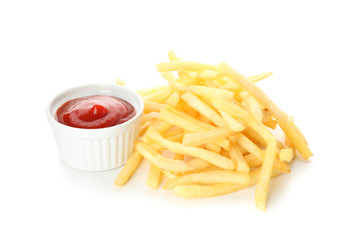 Stack of tasty french fries, red sauce isolated on white background