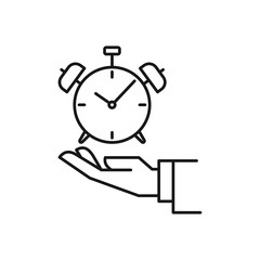 Hand and alarm clock icon. Concept of time management. Outline thin line flat illustration. Isolated on white background. 