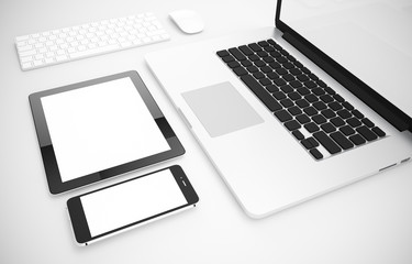 Blank Smartphone, tablet, computer, laptop, tablet, keyboard, mouse on white background, Mock up, illustration 3D rendering