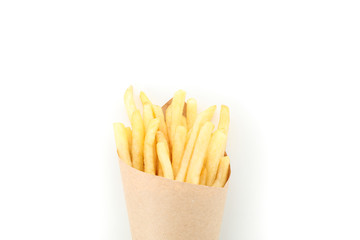 Slices of hot french fries in package isolated on white background, closeup