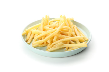Plate of tasty french fries isolated on white background, closeup