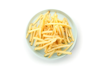 Plate of tasty french fries isolated on white background, top view