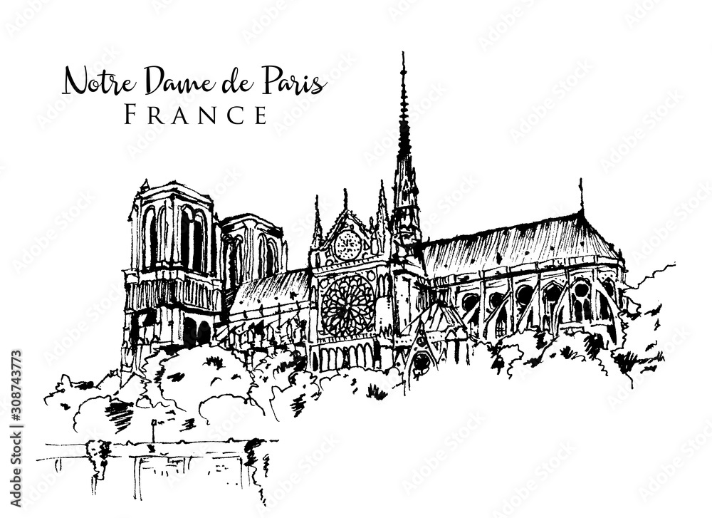 Wall mural drawing sketch illustration of notre dame de paris