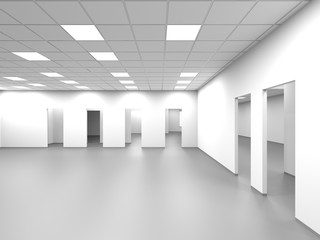 3d empty open space office room with white walls