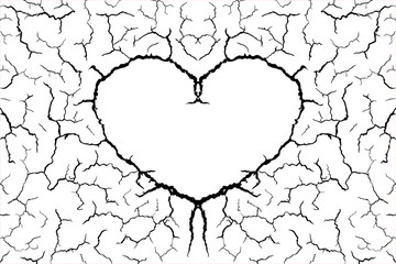 lots lines of crack ground and heart shape for abstract background on white background