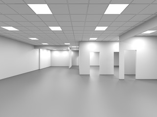Office with walls and blank doorways, abstract 3d