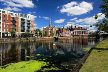 Buildings along the river Great Ouse embankment, Bedford town; Bedfordshire County, England, UK