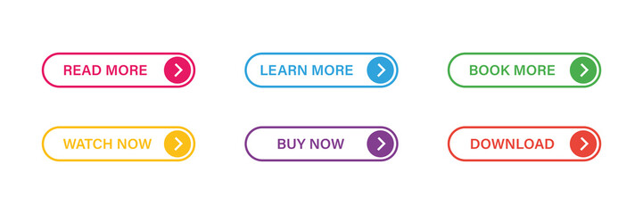 Set of trendy flat stroke buttons. Thin line design. Colorful outline concept. Internet concept. Isolated vector. Read more, Book now, Buy now, Download, Learn more.