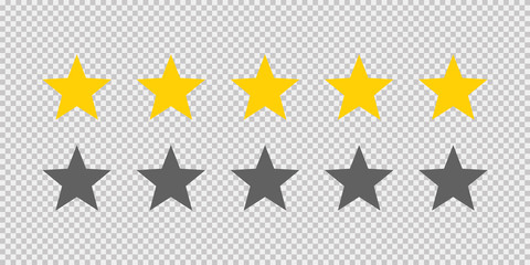 Five stars rating icon on transparent background. Five golden star rating illustration vector. Premium quality customer service. Customer feedback ranking system. Feedback concept.