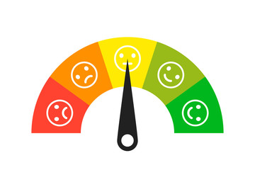 Colored scale. Gauge. Indicator with different colors. Emoji faces icons. Measuring device tachometer speedometer indicator. Vector isolated illustration.