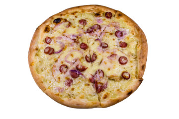 Pizza with sausages, ham and parmesan cheese isolated on a white background