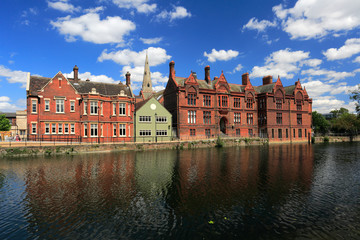 Buildings along the river Great Ouse embankment, Bedford town; Bedfordshire County, England, UK