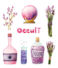 Watercolor collection with magical and occult objects