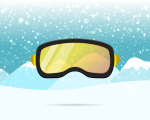 Skiing and snowboard yellow protective mask goggles, winter glasses activity equipment. Extreme sport stock vector illustration on snowy mountain background.
