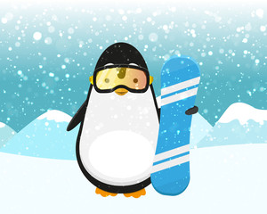 Sport Penguin With Blue Snowboard and yellow Protective Mask. Snowboarding Goggles on snowy mountains background. Stock Vector Illustration.