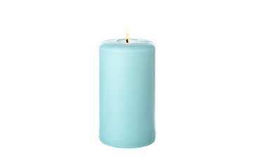 Blue burning candle isolated on white background