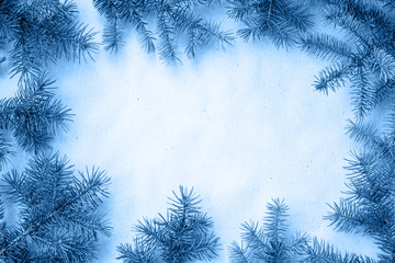 fir branches border on light rustic christmas background in classic blue trendy color of the year 2020.