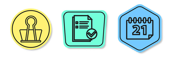 Set line Binder clip, Document and check mark and Calendar. Colored shapes. Vector