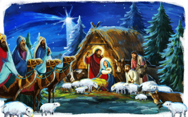 religious illustration three kings - and holy family - traditional scene - illustration for children
