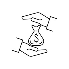 Hands and money bag icon. Concept of saving money. Outline thin line flat illustration. Isolated on white background. 