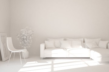 Mock up of stylish room in white color with sofa. Scandinavian interior design. 3D illustration