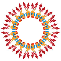 Round frame of firecrackers and gifts. Festive border.