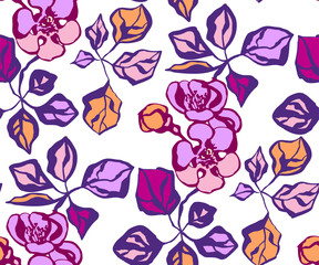 Seamless floral pattern with Japanese quince flowers and ornamental decorative background. Vector pattern. Print for textile, cloth, wallpaper, scrapbooking