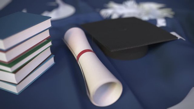 Graduation cap, books and diploma on the flag of South Carolina. Higher education in the USA related conceptual 3D animation
